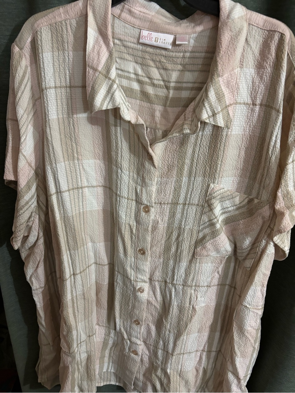 Belle by Kim Gravel Pastel Plaid Short-Sleeve Button-Up in Pink and Cream